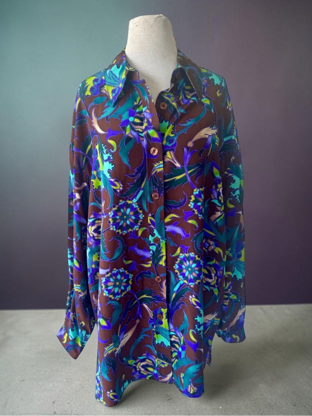 Vtg 90s Diane Von Furstenberg DVF 100% Silk Brown Floral Top 1X Tunic Colorful